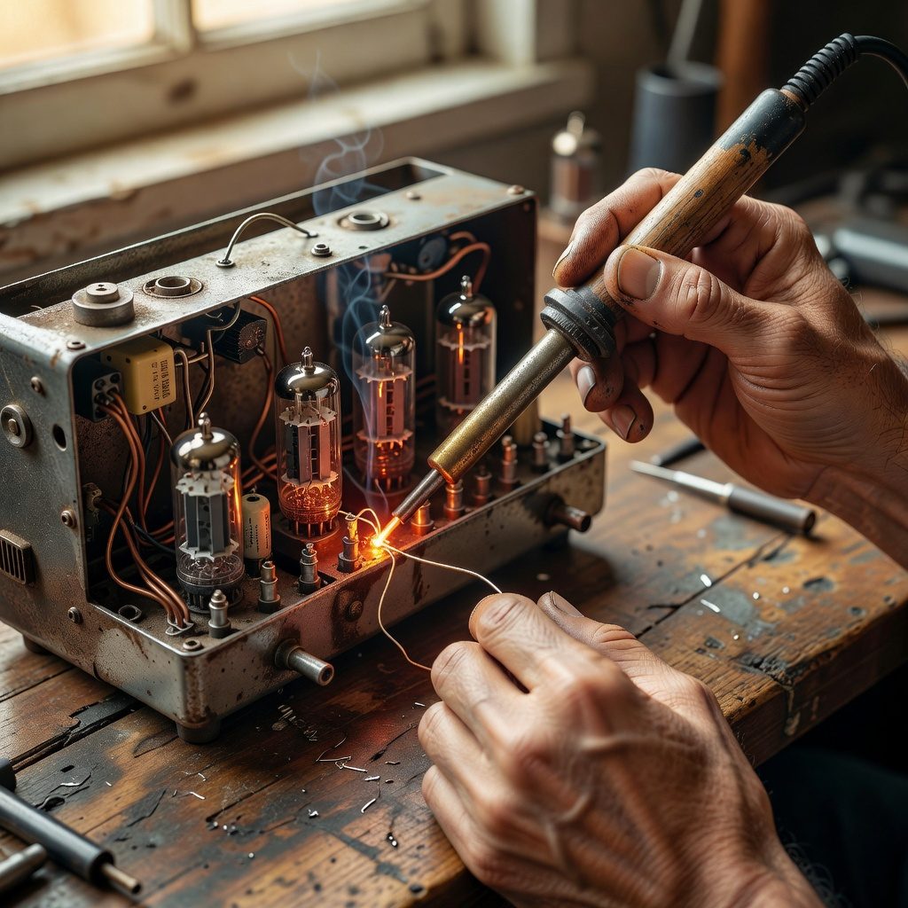 Pracovný stôl s elektrónkami, náradím a otvoreným rádiom