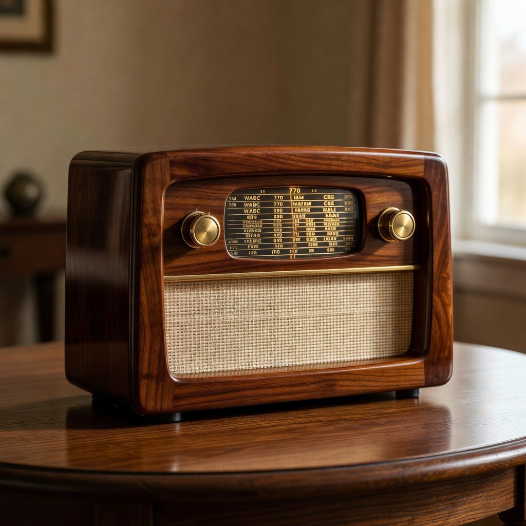 Zrenovované drevené rádio Grundig po reštaurovaní s lesklou skrinkou a svietiacou stupnicou