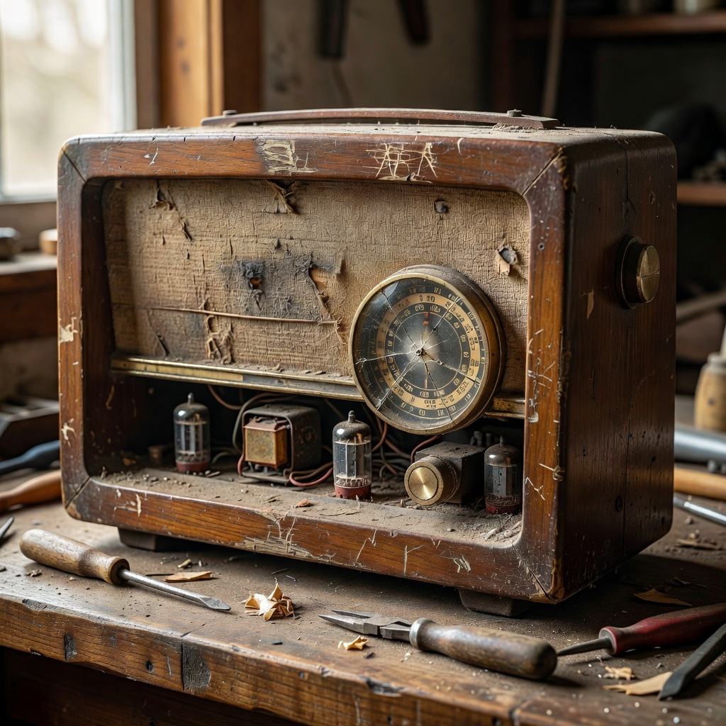 Poškodené drevené rádio Grundig pred reštaurovaním so zafarbenou skrinkou