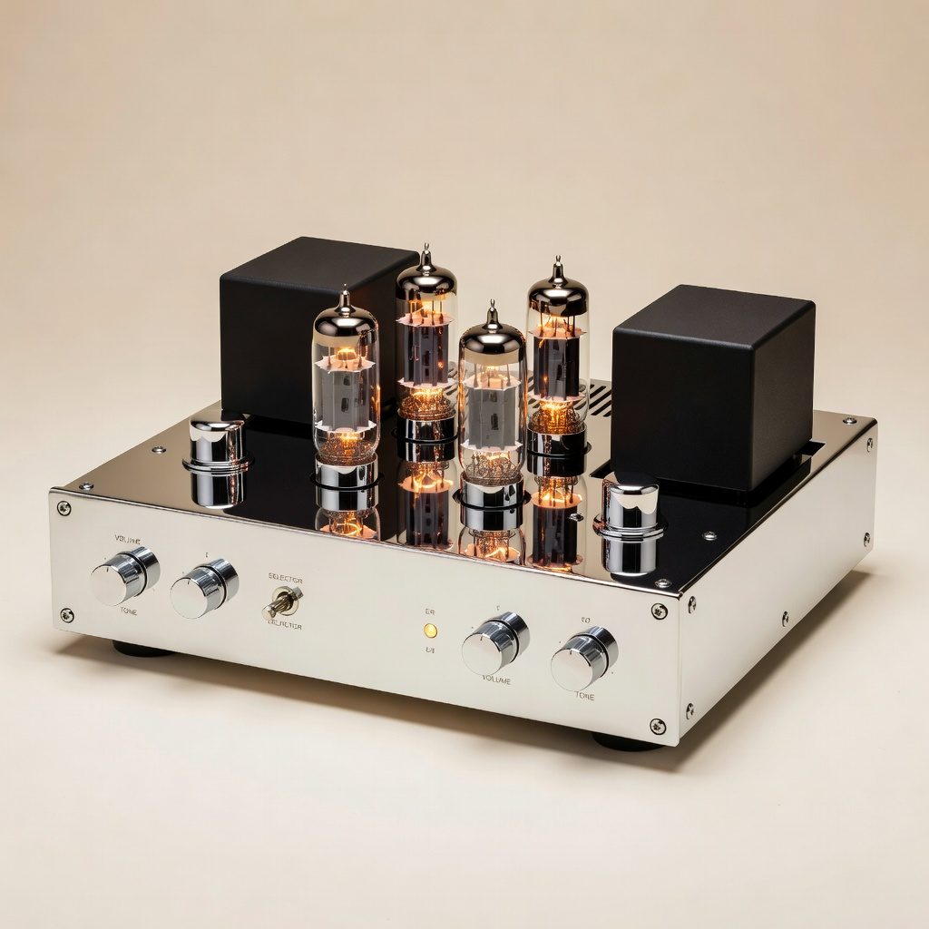 Repasovaný lampový zosilňovač Dynaco Stereo 70 s chrómovaným šasi a žeraviacimi elektrónkami EL34