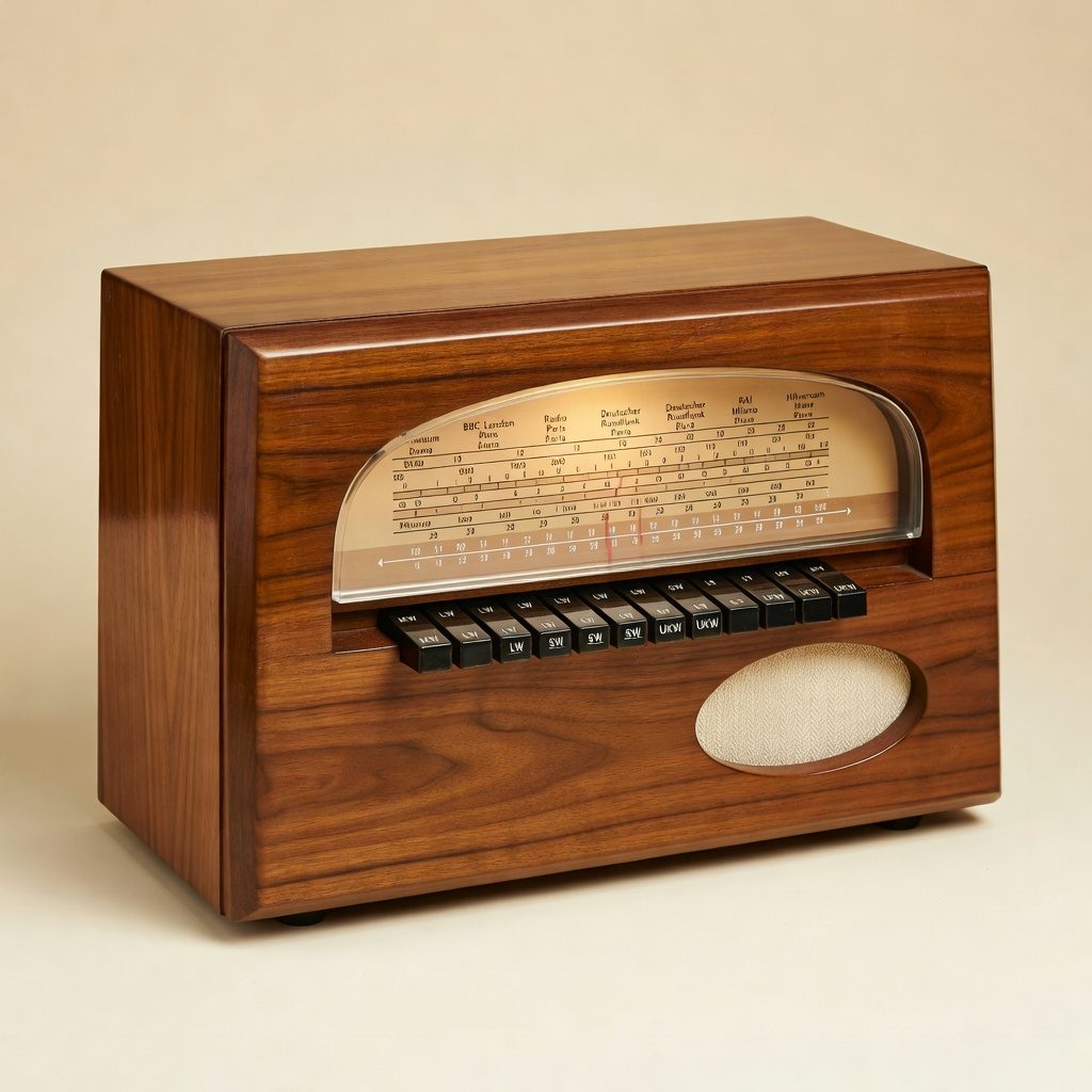 Repasované drevené rádio Grundig 2140 z roku 1958 so širokou svietiacou stupnicou