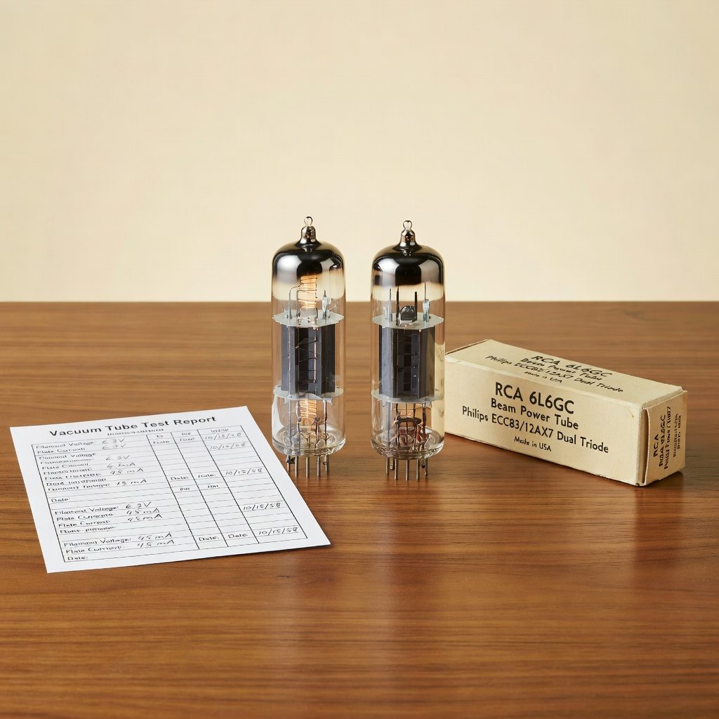 Elektrónky ECC83 a EL84 vedľa originálnych papierových krabičiek na drevenom stole