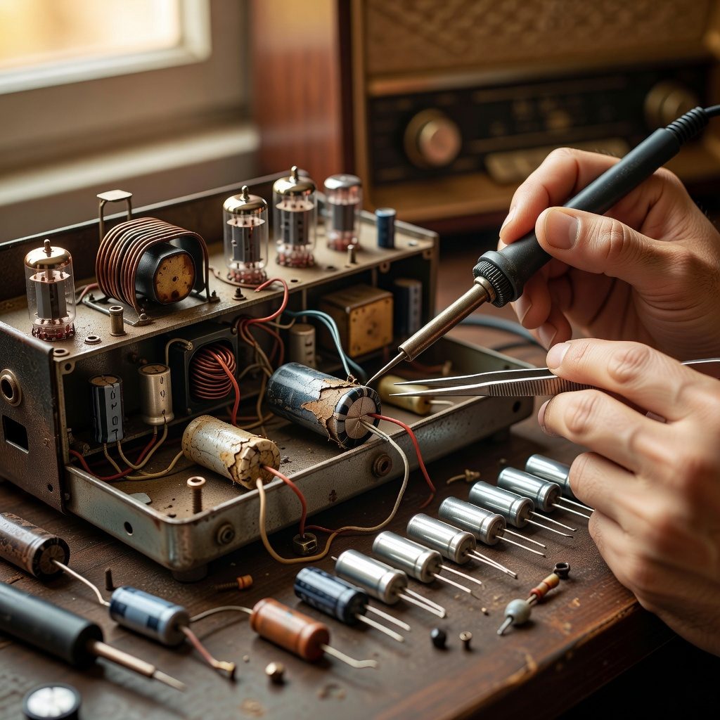 Detail elektrónkového zapojenia rádia počas renovácie s pájkou a náradím